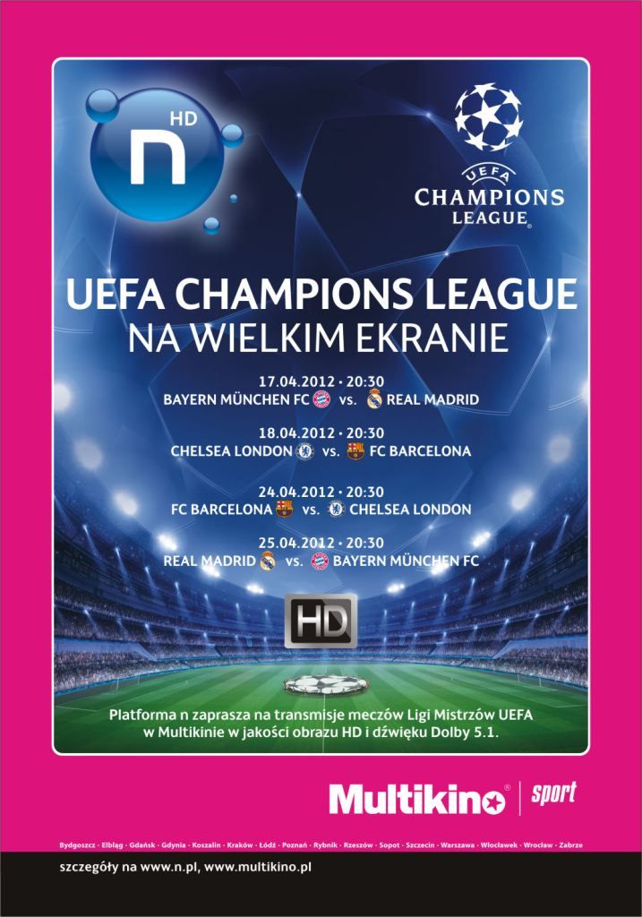 Kolejne mecze Ligi Mistrzów UEFA na dużym ekranie